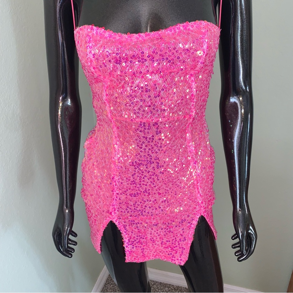 New Pink Sequin Strapless Pink Mini Dress, Size Small, Semi Sheer